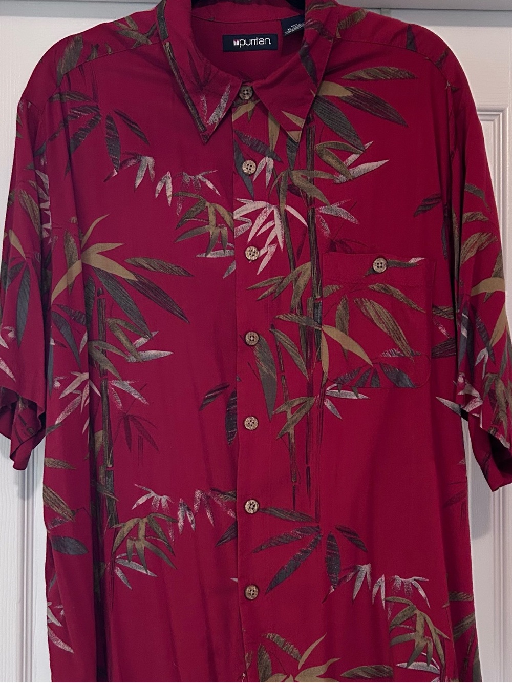 Puritan Men's Shirt Sz XL Short Sleeve Dark Red Leaf Print Rayon Hawaiian Resort